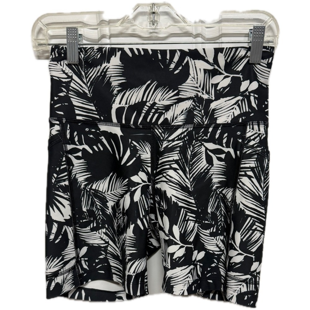 Old Navy Active Powersoft Biker Shorts Womens Small Black White Tropical Palm